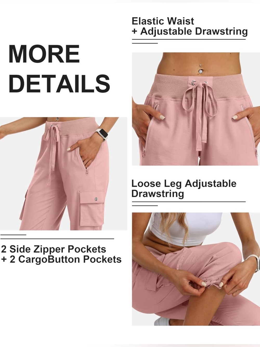 Women's Cargo Capri Pants with Tie Hem - Pink - Picture 5 of 9